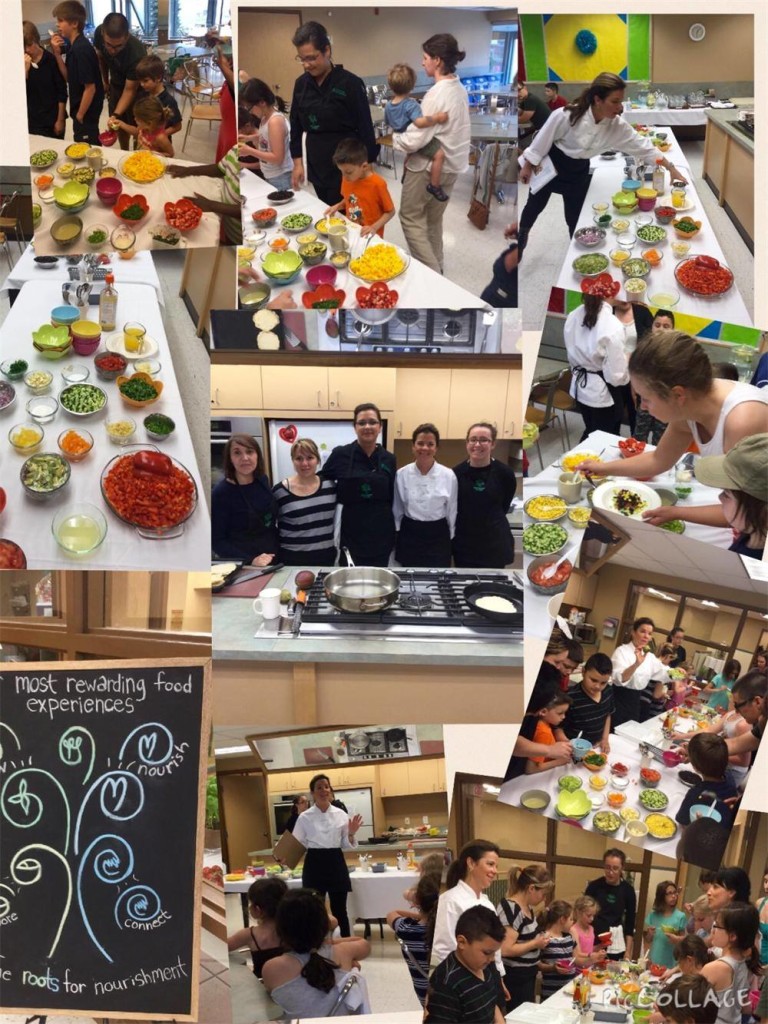 Participants and dishes from a hands-on cooking class for kids and their families.