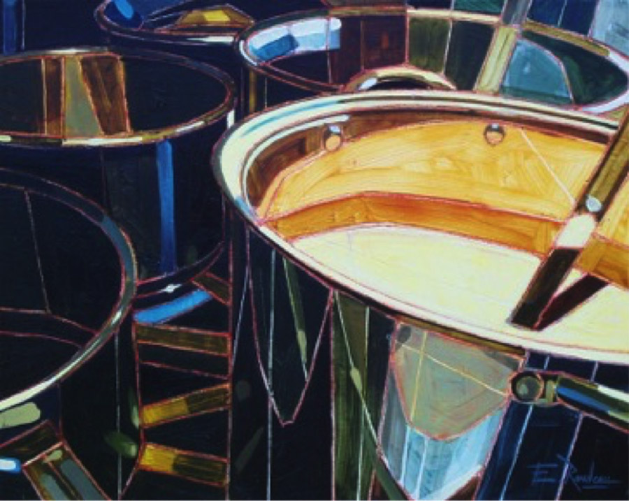 Improving food literacy creatively in this close-up of a painting by Artist Eric Ranveau showing pots of stocks and hot pot soups simmering on a stovetop.