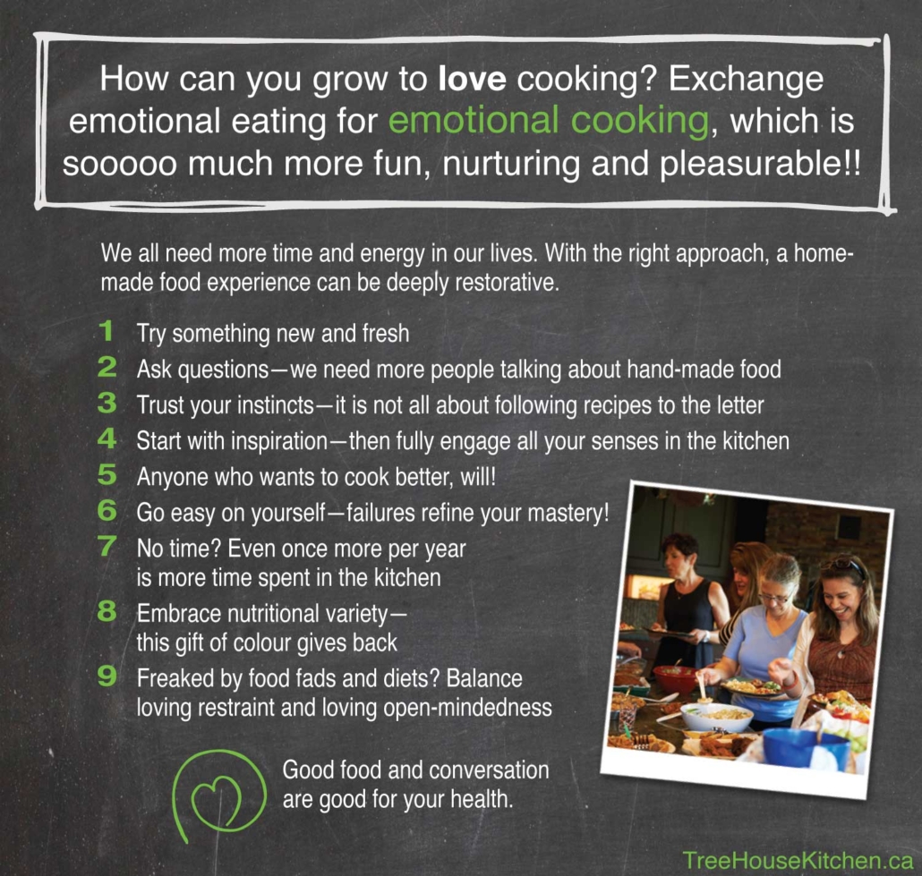How can you grow to love cooking? Exchange emotional eating for emotional cooking; it is so much more fun, nurturing. and pleasurable.